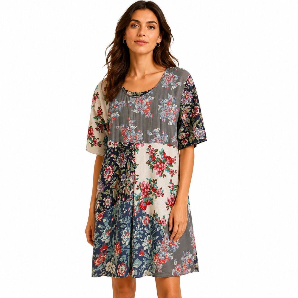 J. Peterman Dress Womens XS Multicolor Floral Patchwork Short Sleeve Boho